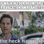 its so strange! | WHEN YOU WALK IN YOUR ROOM FOR THE FIRST TIME AFTER A VACATION AWAY AND ITS SPOTLESS | image tagged in antman what the heck happened here,funny,memes,fun,clean,room | made w/ Imgflip meme maker