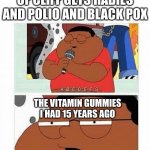 gummie | ME GETS COVID FALLS OF CLIFF GETS RABIES AND POLIO AND BLACK POX; THE VITAMIN GUMMIES I HAD 15 YEARS AGO | image tagged in abcdefg | made w/ Imgflip meme maker