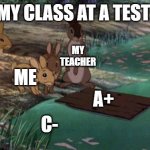 test fail | MY CLASS AT A TEST:; EVERYONE ELSE ON THE TEST; MY TEACHER; ME; A+; C- | image tagged in watership down fail,school,funny memes,relatable | made w/ Imgflip meme maker