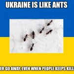 I really hope Ukraine gets through this T.T | UKRAINE IS LIKE ANTS; THEY NEVER GO AWAY, EVEN WHEN PEOPLE KEEPS KILLING THEM | image tagged in ukraine flag,ukraine,russia,war,standforukraine,e | made w/ Imgflip meme maker