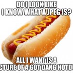 ez hotdog | DO I LOOK LIKE I KNOW WHAT A JPEG IS? ALL I WANT IS A PICTURE OF A GOT DANG HOTDOG | image tagged in hot dog,funny memes,mr incredible becoming uncanny | made w/ Imgflip meme maker
