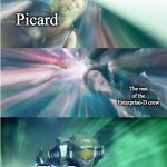 A Star Trek meme, because why not | Picard; The rest of the Enterprise-D crew; The Borg | image tagged in chief chasing thor and loki | made w/ Imgflip meme maker