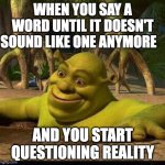 'o' | WHEN YOU SAY A WORD UNTIL IT DOESN'T SOUND LIKE ONE ANYMORE; AND YOU START QUESTIONING REALITY | image tagged in shreck,memes,relatable,words,reality,mind blown | made w/ Imgflip meme maker