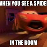 Lightning McQueen spook | WHEN YOU SEE A SPIDER; IN THE ROOM | image tagged in lightning mcqueen spook | made w/ Imgflip meme maker