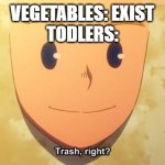 Trash, right? | VEGETABLES: EXIST
TODLERS: | image tagged in trash right | made w/ Imgflip meme maker