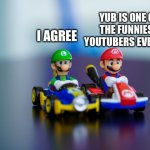 Mario and Luigi Agreement Karts | YUB IS ONE OF THE FUNNIEST YOUTUBERS EVER LOL; I AGREE | image tagged in agreement,agree,mario,luigi,nintendo | made w/ Imgflip meme maker