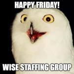 TGIF | HAPPY FRIDAY! WISE STAFFING GROUP | image tagged in orly owl | made w/ Imgflip meme maker
