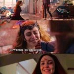 Wanda Maximoff variants meme tamplate | HOW MUCH FOR THOSE KIDS; NOT FOR SALE | image tagged in wanda maximoff variants meme tamplate | made w/ Imgflip meme maker