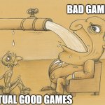 Roblox games be like | BAD GAMES; ACTUAL GOOD GAMES | image tagged in guy who has lots of water | made w/ Imgflip meme maker