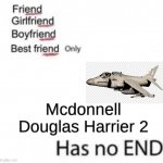 vwwdhucbeycunijfeundci | Mcdonnell Douglas Harrier 2 | image tagged in only has no end | made w/ Imgflip meme maker