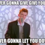 get ricked | NEVER GONNA GIVE GIVE YOU UP; NEVER GONNA LET YOU DOWN | image tagged in get ricked | made w/ Imgflip meme maker