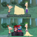 Phineas and Ferb discover BF and GF from FNF | image tagged in discovering something that doesn t exist,memes | made w/ Imgflip meme maker