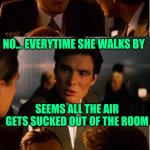 Hello! Super nice lady! | SO, HAVE YOU EVEN TALKED TO YOUR CRUSH YET? NO... EVERYTIME SHE WALKS BY SEEMS ALL THE AIR GETS SUCKED OUT OF THE ROOM STRANGEST THING, REAL | image tagged in memes,inception | made w/ Imgflip meme maker