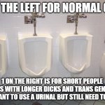 Men's Room Urinals | 3 ON THE LEFT FOR NORMAL GUYS; 1 ON THE RIGHT IS FOR SHORT PEOPLE  /GUYS WITH LONGER DICKS AND TRANS GENDERS THAT WANT TO USE A URINAL BUT STILL NEED TO SQUAT | image tagged in men's room urinals | made w/ Imgflip meme maker