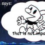 mugman says | mugman says:; that is not important | image tagged in mugman says,mugman | made w/ Imgflip meme maker