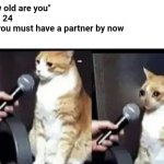 Crying Cat Interview Horizontal | "How old are you"
  Me: 24
"So you must have a partner by now 
  Me: | image tagged in crying cat interview horizontal | made w/ Imgflip meme maker