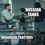 Eminem Rocket launcher | RUSSIAN TANKS; UKRAINIAN TRACTORS | image tagged in eminem rocket launcher | made w/ Imgflip meme maker