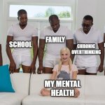 piper perri | FAMILY; SCHOOL; DEPRESSION; CHRONIC OVERTHINKING; ANXIETY; MY MENTAL HEALTH | image tagged in piper perri,mental health,anxiety,funny,so true | made w/ Imgflip meme maker