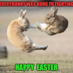 Easter bunny war. | EVERYBUNNY WAS KUNG FU FIGHTING; HAPPY  EASTER | image tagged in everybunny was kung fu fighting,happy easter,funny memes,eggs,wildlife | made w/ Imgflip meme maker