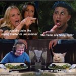 History is about meme facts | I actually quite like anjing master or Joe mamer; The meme are funny, right? The meme are funny, right? | image tagged in women yelling at cat 4 panel,memes | made w/ Imgflip meme maker