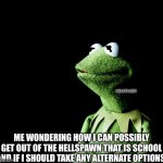 Meme ARG part 3. | 800-273-8255; ME WONDERING HOW I CAN POSSIBLY GET OUT OF THE HELLSPAWN THAT IS SCHOOL AND IF I SHOULD TAKE ANY ALTERNATE OPTIONS. | image tagged in contemplative kermit | made w/ Imgflip meme maker