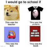 I would go to school if | DOGS AND CATS ARE EQUAL | image tagged in i would go to school if,dogs,doge,eggdog | made w/ Imgflip meme maker