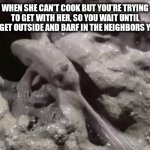 Barf | WHEN SHE CAN'T COOK BUT YOU'RE TRYING TO GET WITH HER, SO YOU WAIT UNTIL YOU GET OUTSIDE AND BARF IN THE NEIGHBORS YARD. | image tagged in barf | made w/ Imgflip meme maker