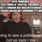 FBI will show up at my door soon | 2020: PANDEMIC
2021: BIDEN IS "ELECTED" PRESIDENT
2022.1: UKRAINE HAS WAR WITH RUSSIA
2022.2: NOBODY WEARS MASKS BUT SOMEHOW IT'S NOW AN ENDEMIC | image tagged in im beginning to see a pattern here im not so sure i like,covid-19,ukraine,russia,pandemic | made w/ Imgflip meme maker