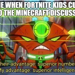 Superior intellect | ME WHEN FORTNITE KIDS CUT INTO THE MINECRAFT DISCUSSION | image tagged in superior intellect | made w/ Imgflip meme maker