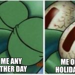 Squidward | ME ANY OTHER DAY ME ON HOLIDAYS | image tagged in squidward | made w/ Imgflip meme maker