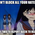 Haters | DON'T BLOCK ALL YOUR HATERS; LEAVE ONE OR TWO TO REPORT BACK TO HEADQUARTERS | image tagged in rei hino | made w/ Imgflip meme maker