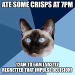 Indigestion! | ATE SOME CRISPS AT 7PM; 12AM TO 6AM I VASTLY REGRETTED THAT IMPULSE DECISION! | image tagged in chronic illness cat | made w/ Imgflip meme maker