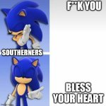 idk | F**K YOU; SOUTHERNERS; BLESS YOUR HEART | image tagged in sonic hotline bling | made w/ Imgflip meme maker