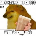 doge choccy milk | DOGE SAYS HAVE SOME CHOCCY MILK WHILE SCROLLING | image tagged in doge choccy milk | made w/ Imgflip meme maker