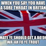 British Flag | WHEN YOU SAY YOU HAVE A SORE THROAT IN BRITAN; OI MATE YE SHOULD GET A BO'OH O 
WA 'AH FO YE TROUT | image tagged in british flag | made w/ Imgflip meme maker