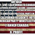 This is Based on the Turkish meme. | AN IDEA; 1: GIVE CALIFORNIA TO CANADA; 2: ALL CALIFORNIA RESIDENTS BECOME  CANADIAN CITIZENS. 3: POPULATION OF CALIFORNIA IS LARGER THAN THE POPULATION OF CANADA. 4: CREATE AMERICAN POLITICAL PARTY IN CANADA. 5: ALL CALIFORNIA RESIDENTS VOTE FOR IT. 6: AMERICAN PARTY WINS ELECTIONS. 7: ANNEX CANADA. 8: PROFIT. | image tagged in united states,usa,california,canada,democracy,turkey | made w/ Imgflip meme maker