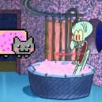 Nyan cat goes to Squidward's house | image tagged in who dropped by squidward's house | made w/ Imgflip meme maker