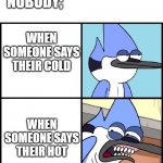 it's true | NOBODY;; WHEN SOMEONE SAYS THEIR COLD; WHEN SOMEONE SAYS THEIR HOT | image tagged in mordecai disgusted,funny memes | made w/ Imgflip meme maker