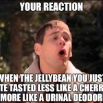 Candy is supposed to taste good right? | YOUR REACTION; WHEN THE JELLYBEAN YOU JUST ATE TASTED LESS LIKE A CHERRY AND MORE LIKE A URINAL DEODORIZER | image tagged in sick,candy,jellybean,taste | made w/ Imgflip meme maker