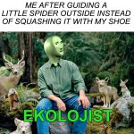 I am smort | ME AFTER GUIDING A LITTLE SPIDER OUTSIDE INSTEAD OF SQUASHING IT WITH MY SHOE; EKOLOJIST | image tagged in ekolojist,memes,funny,meme man,ecologist,spider | made w/ Imgflip meme maker