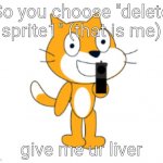 you want to delete scratch cat, ur ded | So you choose "delete sprite1" (that is me); give me ur liver | image tagged in scratch cat gun | made w/ Imgflip meme maker