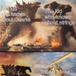 Size | Teacher: Atoms are the smallest thing in existence; The kid who knows about Quarks; The kid who knows about strings; Me who knows about Quantum foam | image tagged in godzilla vs king kong vs bonk | made w/ Imgflip meme maker