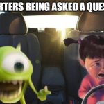 School Report Presentation | REPORTERS BEING ASKED A QUESTION | image tagged in boo crying in car with mike | made w/ Imgflip meme maker