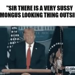 sus | "SIR THERE IS A VERY SUSSY AMONGUS LOOKING THING OUTSIDE" | image tagged in gifs,sus | made w/ Imgflip video-to-gif maker