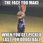 Left Out Bunny | THE FACE YOU MAKE; WHEN YOU GET PICKED LAST FOR DODGEBALL | image tagged in judy hopps mad,zootopia,judy hopps,the face you make when,dodgeball,funny | made w/ Imgflip meme maker