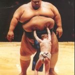 sumo wrestler and tiny opponent