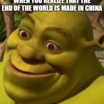 lol | WHEN YOU REALIZE THAT THE END OF THE WORLD IS MADE IN CHINA | image tagged in shrek face,china | made w/ Imgflip meme maker