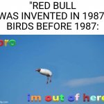 Birds be walking before 1987 | "RED BULL WAS INVENTED IN 1987"

BIRDS BEFORE 1987: | image tagged in bro im out of here,red bull,fun,memes | made w/ Imgflip meme maker