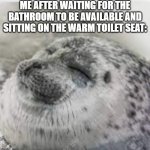 Happy seal | ME AFTER WAITING FOR THE BATHROOM TO BE AVAILABLE AND SITTING ON THE WARM TOILET SEAT: | image tagged in happy seal | made w/ Imgflip meme maker