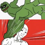 Pepe punch vs. Dodging Wojak | YO MAMA SO FAT-; I DONT HAVE A MOM | image tagged in pepe punch vs dodging wojak | made w/ Imgflip meme maker
